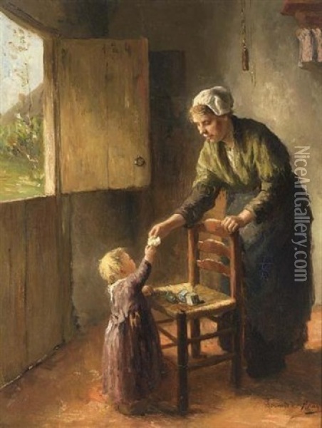 An Interior With A Mother And Child Playing Oil Painting - Bernard de Hoog