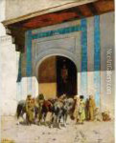 A L'entree De La Mosquee Oil Painting - Alberto Pasini