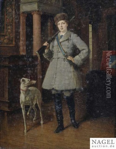 Portrait Of A Hunter With Her Dog In A Castle Interior Oil Painting - Benjamin Eugene Fichel