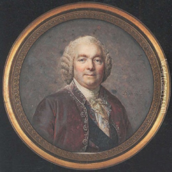 A Gentleman Wearing Silver Figured Plum-coloured Coat, Matching Waistcoat, White Lace Cravat, Black Sash And Short Powdered Wig Oil Painting - Francois Dumont