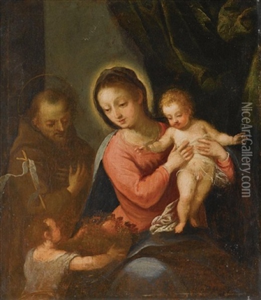 The Madonna And Child With Saint Francis In The Background And St. John The Baptist Offering A Basket Of Fruit Oil Painting - Hans Rottenhammer the Elder