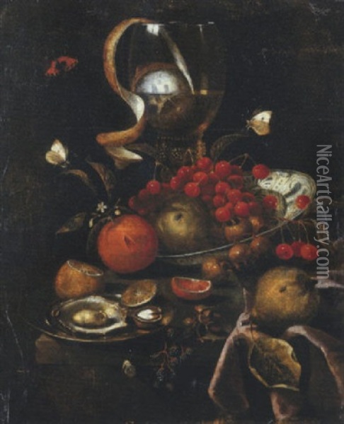 A Partly-peeled Lemon In A Giant Roemer, A Dish With Cherries, Apples And Oranges, A Plate With Oysters And A Walnut, With A Pear, Blackberries And Butterflies Oil Painting - Martinus Nellius