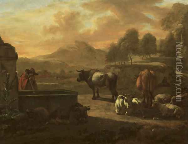 An Italianate landscape with a herdsman drinking from a fountain, his cattle and sheep nearby Oil Painting - Willem Romeyn