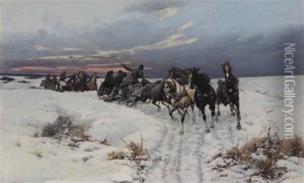 Sleigh Ride Through A Winter Landscape Oil Painting - Bohdan von Kleczynski