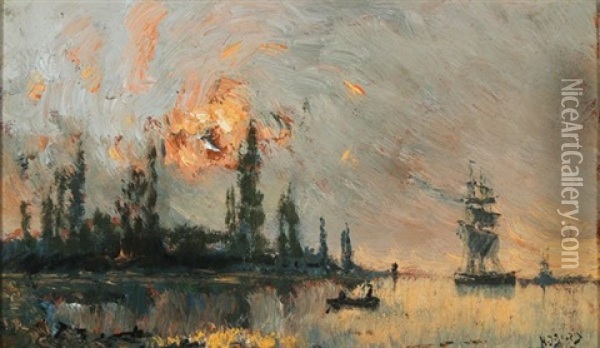 Harbor Scene At Dusk Oil Painting - Hippolyte Camille Delpy