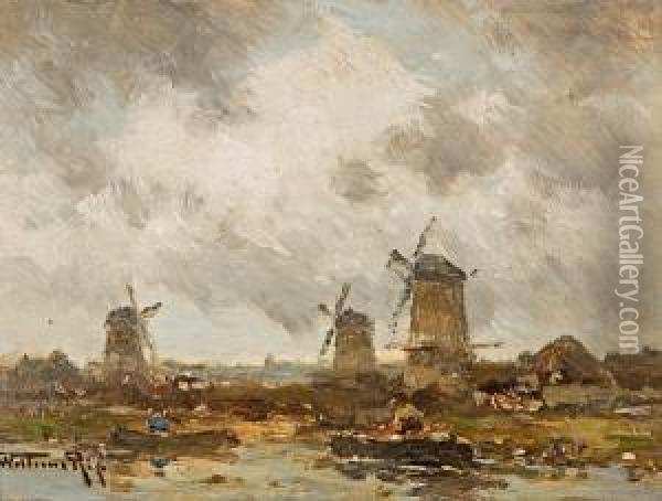 De Drie Molens, (the Three Windmills) Oil Painting - Willem Cornelis Rip