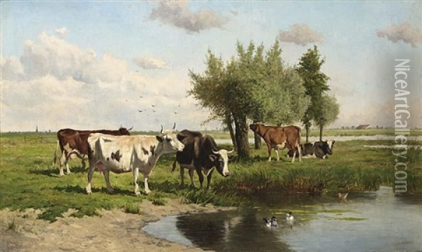 Cows In A Summer Landscape Oil Painting - Johannes Hubertus Leonardus de Haas