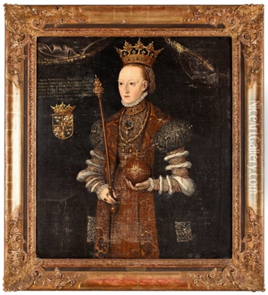 Drottning Margareta Leijonhufvud, Ikladd Broderad Och Parlbestrodd Drakt Barande Riksregalierna, Knabild Oil Painting - Johan Baptista van Uther