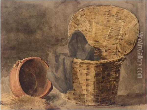 Still-life Of A Basket, Cloth, Pot And Brush Oil Painting - Peter de Wint