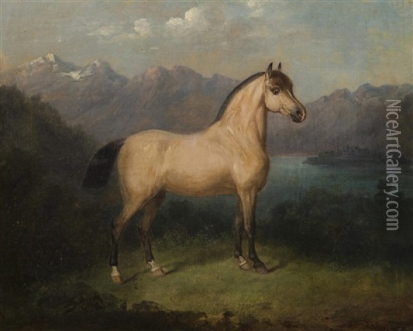 Portrait Of A Horse With The Veldesersee In The Background Oil Painting - Carl Alois Martin Ebersberg