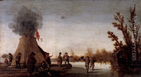 A Winter Scene With An Encampment By A Frozen River With Skaters Oil Painting - Joost Cornelisz. Droochsloot