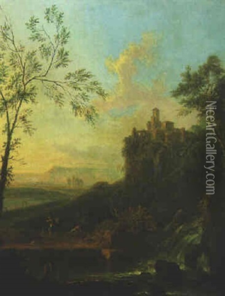 An Italianate River Landscape With A Cascade, A Castle On An Outcrop Beyond Oil Painting - Hendrick Frans van Lint
