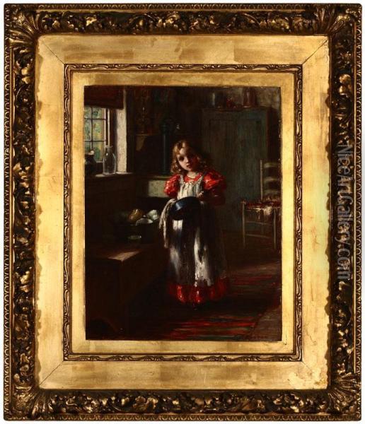 Portrait Of A Little Girl Washing A Pot In A Kitchen Interior Oil Painting - Frederick James Boston