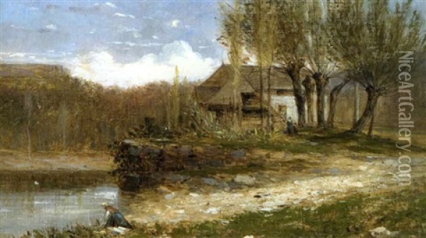 Les Bords Sur Seran, Maison Et Lavandieres Oil Painting - Adolphe Appian