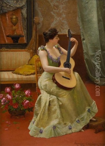 Joueuse De Guitare Oil Painting - Georges Croegaert