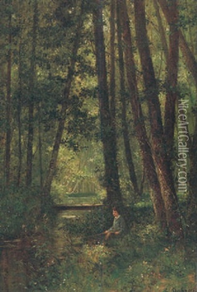 Landskap Med Fiskande Yngling Oil Painting - Charles Felix Edouard Deshayes