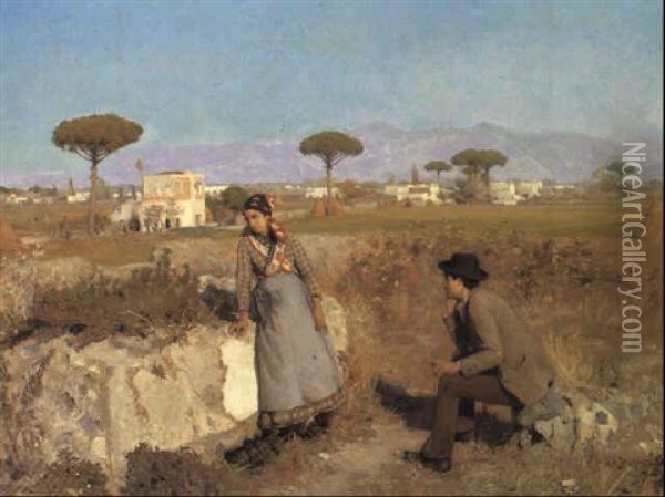 Italiensk Landskab Med To Personer Oil Painting - Hans Andersen Brendekilde