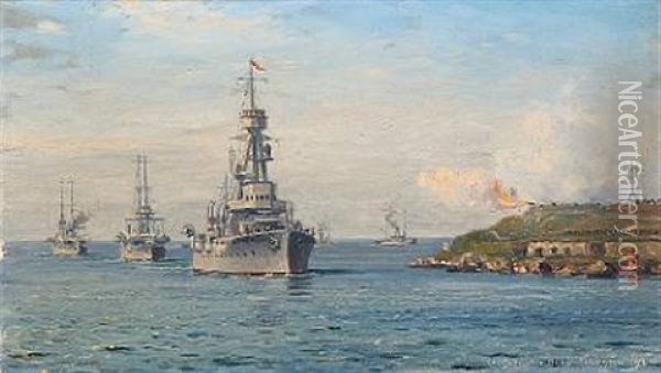 Warships At The Entrance To Helsinki Oil Painting - Christian Benjamin Olsen