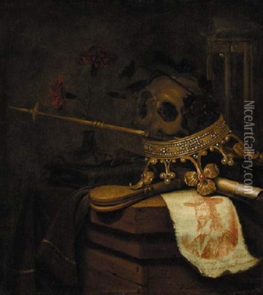 A Vanitas Still Life With A Crown, A Skull, Castanets, Carnations In A Glass Vase, An Hourglass, A Scroll And An Engraved Portrait Of King Charles I Oil Painting - Vincent Laurensz van der Vinne the Elder