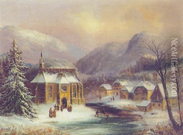 Wintervergnugen Nach Dem Kirchgang (bei Gmunden?) Oil Painting - Ferdinand Lepie