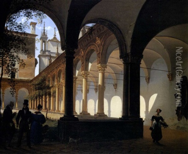 Il Chiostro Della Certosa Di Pavia Oil Painting - Pompeo Calvi