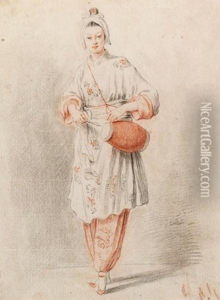 Study Of An Oriental Woman Holding A Drum Oil Painting - Mary Hoare