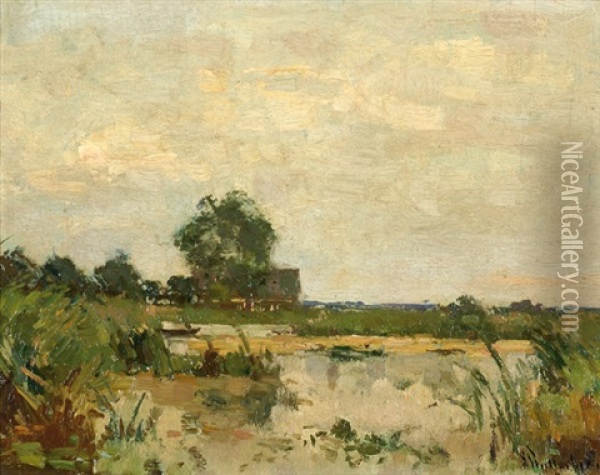 View Of Water And Reeds With A House In The Background Oil Painting - Louis Stutterheim