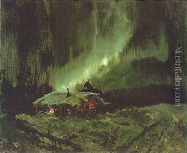 Cabin With Northern Lights Oil Painting - Sydney Mortimer Laurence