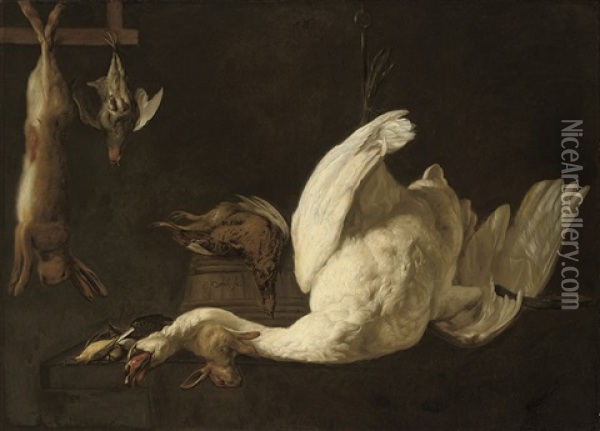 A Still Life Of A Swan Suspended From A Hook, A Hare, A Grey Partridge, A Pheasant On A Barrel And A Rabbit And Song Birds On A Stone Ledge Oil Painting - Elias Vonck