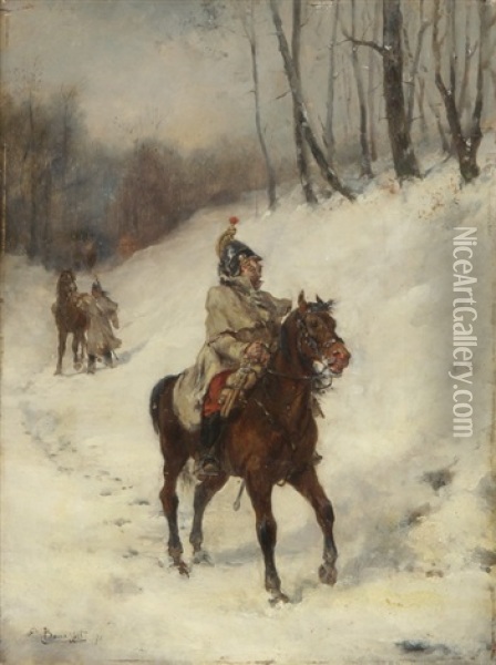 Patrouille Der Kurassiere Im Winter Oil Painting - Louis Emile Benassit