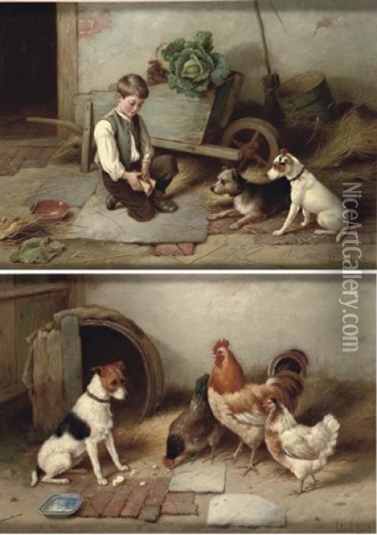 A Boy With Terriers (+ Farmyard Friends; 2 Works) Oil Painting - Claude Hunt