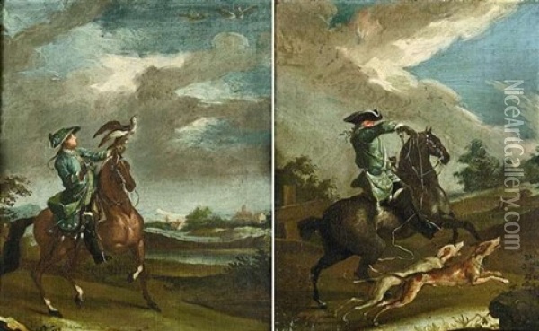 Berittener Jager Mit Einem Falken Vor Landschaft (+ Reiter Mit Zwei Hunden Bei Der Jagd; Pair) Oil Painting - Johann Elias Ridinger