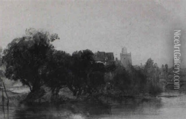 On The Banks Of The River, Thought To Be The River Yare, Norwich Oil Painting - Henry Bright