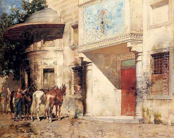 Outside The Mosque Oil Painting - Alberto Pasini