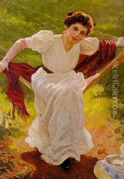Portrait Of A Lady In A White Dress Oil Painting - Louis Uhl