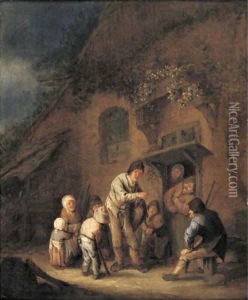 A Hurdy-Gurdy Player Before A Farmhouse Oil Painting - Adriaen Jansz. Van Ostade