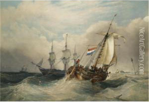 A Dutch Fishing Vessel In Choppy Waters With Other Shipping Off The Coast Oil Painting - Charles Bentley