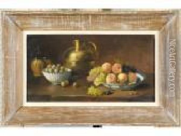 Nature Morte Aux Peche, Raisins Et Cane A Lait Oil Painting - Alphonse de Neuville