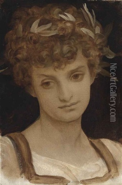Study Of A Girl's Head, Wreathed In Laurel Oil Painting - Lord Frederic Leighton