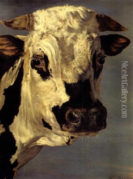 Head Of A Bull (after Paulus Potter) Oil Painting - Henri Delattre