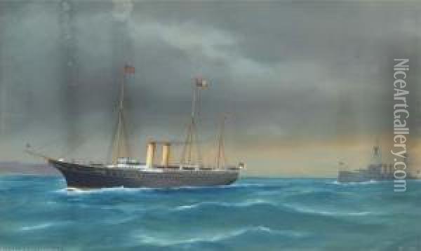 The Royal Yacht Victoria & 
Albert Under Escort In The Mediterranean By H.m.s. Cochrane Oil Painting - Atributed To A. De Simone