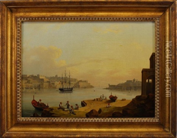 Harbor Scene With Figures In The Foreground Oil Painting - Thomas Luny