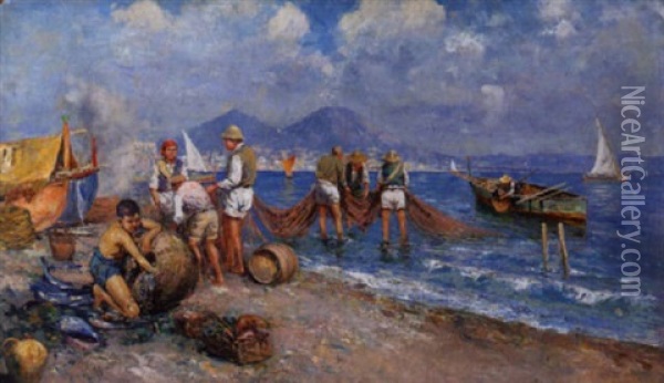 Pescatori Sulla Spiaggia Di Napoli Oil Painting - Giuseppe Giardiello