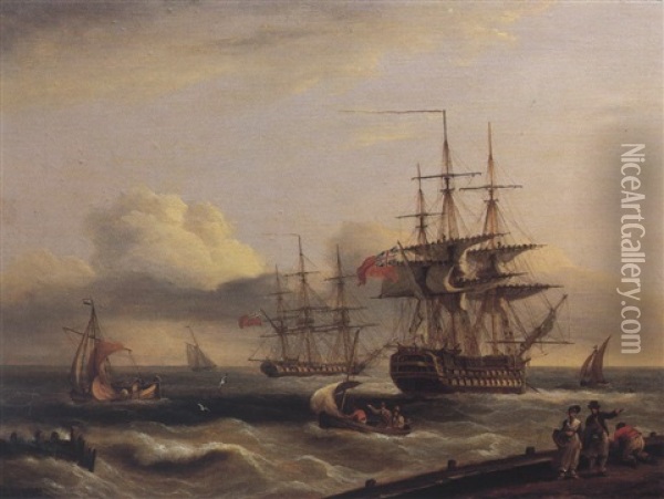 An English Frigate And A Ship Of The Line Getting Underway  In A Fresh Breeze Oil Painting - Thomas Luny