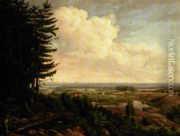 Udsigt Over Oresund Og Hveen Set Fra Rungsted. I Forgrunden Til Hojre Ses Frydenlund Oil Painting - Frederik Christian Jacobsen Kiaerskou