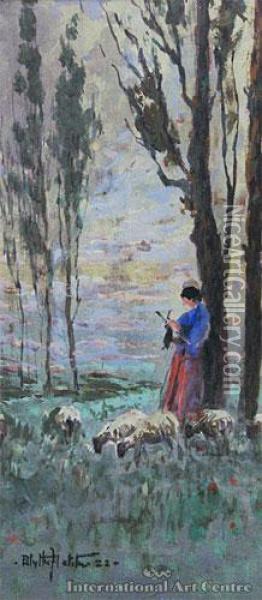 Figure & Sheep In Landscape Oil Painting - Blythe Fletcher