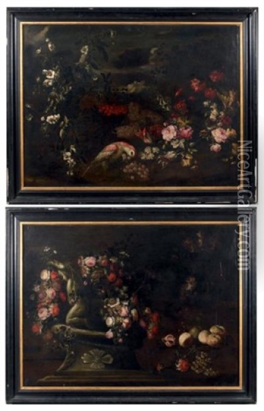 Nature Morte Au Perroquet, Nature Morte A La Sculpture (pair) Oil Painting - Michele Antonio Rapous