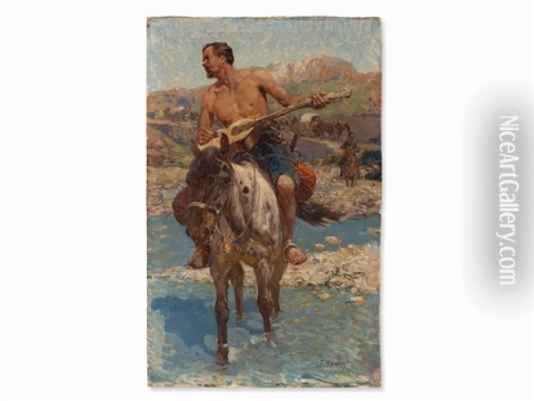 Caucasian Horseman Oil Painting - Franz Roubaud