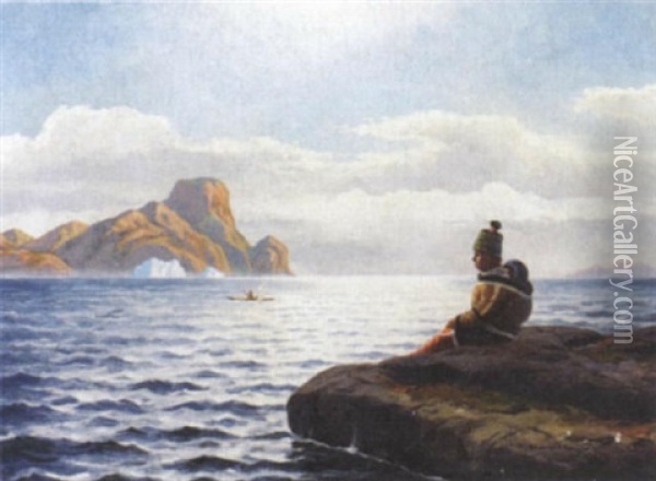 Gronlandsk Fjordparti Med Gronlaenderinder Der Skuer Ud Over Vandet Oil Painting - Emanuel A. Petersen