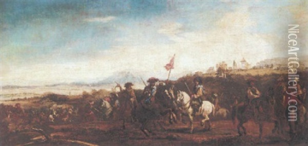 A Cavalry Engagement With A Hilltop Chruch Beyond Oil Painting - Francesco Simonini